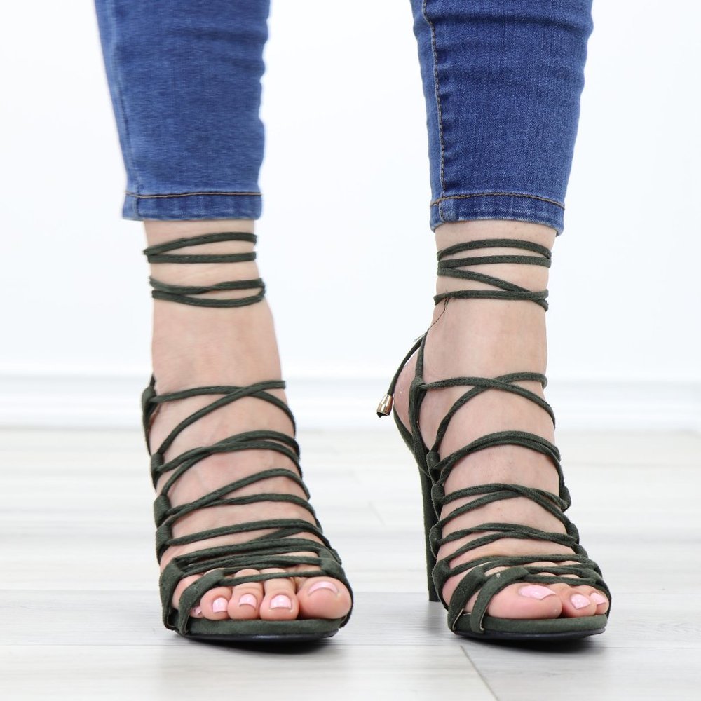 Cute Strappy Olive Faux Suede Open Toe Needle High Heel Stiletto Sandals - Picture 4 of 14